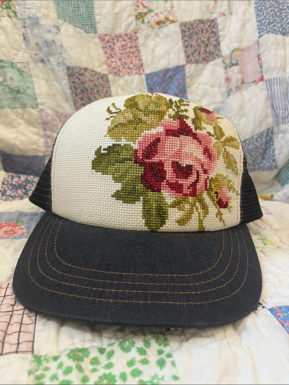 Floral Cross-Stitch Trucker Hat